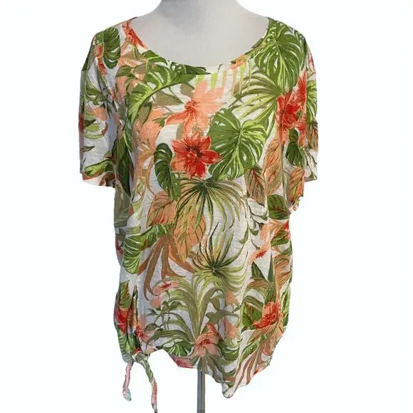 J. Jill Love Linen Womens Size MP Aloha Top Floral Tropical Tie Hem Medium Tee - Picture 2 of 8